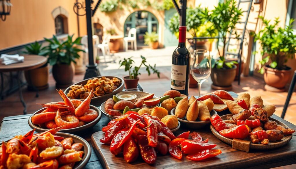 A vibrant spread of traditional Spanish tapas and seasonal specialties set against a rustic, sun-drenched Mediterranean backdrop. In the foreground, an array of expertly crafted dishes - sizzling gambas al ajillo, glistening croquetas de jamón, and a colorful display of pimientos de Padrón. The middle ground features a weathered wooden table, adorned with a crisp white tablecloth and a bottle of robust Rioja. In the background, an open-air terrace overlooking a lush courtyard, with terracotta tiles, wrought-iron accents, and verdant potted plants casting soft, warm shadows. The lighting is natural and golden, capturing the essence of a leisurely Spanish afternoon. The overall mood is one of authentic, convivial Spanish hospitality.