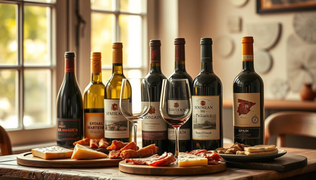A vibrant still life featuring an elegant arrangement of Spanish wine bottles, glasses, and accompanying tapas. Warm lighting from a nearby window casts a golden glow across the scene, highlighting the rich colors and textures of the wines, cheeses, and cured meats. In the foreground, a selection of Spanish varietals take center stage, their labels showcasing the diverse regions and appellations of the country's renowned wine country. In the middle ground, a pair of crystal wine glasses stand ready, while in the background, a rustic wooden table sets the stage for this sophisticated display of Spanish culinary delights.
