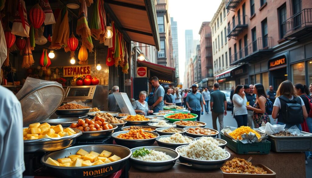 A vibrant street scene in New York City's diverse Washington Heights neighborhood, showcasing the rich culinary traditions of the Dominican Republic. In the foreground, a bustling open-air market stall displays an array of colorful, authentic Dominican dishes - sizzling platters of mouthwatering moros y cristianos, savory sancocho stew, and fragrant piñon rice. The middle ground captures the lively energy of the neighborhood, with locals and tourists mingling and sampling the aromatic fare. In the background, the iconic architecture of New York's urban landscape provides a stylish backdrop, bathed in warm, golden afternoon light that casts a cozy, inviting atmosphere. Crisp, high-resolution photography, using a wide-angle lens to capture the dynamic scene in vivid detail.