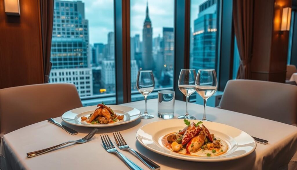 Elegant NYC restaurant guide, featuring a stylish tablecloth, silverware, and a cityscape panorama through tall windows. Warm, ambient lighting casts a cozy glow, hinting at the culinary delights within. Meticulously arranged plates showcase mouthwatering dishes, while a sleek, modern design evokes the vibrant energy of the city. Crisp, high-quality photography captures the essence of an unforgettable dining experience, guiding readers through the finest Restaurant Week offerings.