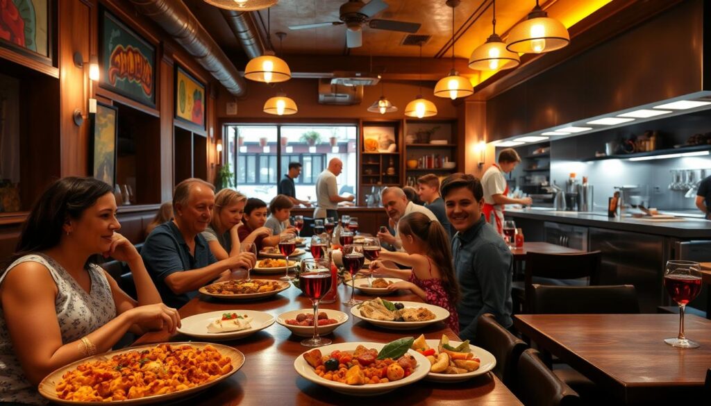 a cozy, family-friendly Spanish restaurant interior with warm lighting, wooden furniture, and vibrant artwork on the walls. A group of diners, including children, enjoying a relaxed meal at a long table, plates of traditional Spanish dishes like paella, tapas, and sangria in the foreground. In the middle ground, servers move gracefully through the space, and the background features an open kitchen with chefs preparing the food. The atmosphere is lively yet inviting, capturing the essence of a convivial Spanish dining experience.