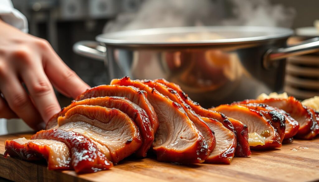 A close-up shot of freshly prepared chashu pork, the signature braised and simmered pork belly topping for Naruto ramen. The pork glistens with a caramelized soy-based glaze, cut into thick, tender slices. In the foreground, a chef's hand carefully arranges the slices on a wooden cutting board, showcasing the gorgeous marbling and deep reddish-brown hue. Behind, a steaming pot of simmering broth, herbs, and spices creates a hazy, atmospheric backdrop, conveying the process of slow cooking this flavorful pork. Soft, diffused lighting illuminates the scene, highlighting the succulent texture and intense umami flavors of the perfect chashu preparation.
