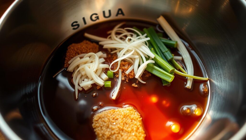 A stainless steel bowl filled with an array of ramen sauce ingredients, bathed in warm, diffused lighting. In the foreground, soy sauce, mirin, and brown sugar glisten, while in the middle ground, thinly sliced garlic, ginger, and scallions create a vibrant, aromatic composition. The background is blurred, allowing the focus to remain on the essential elements needed to craft the signature Chashu braising sauce, the heart of the Naruto ramen dish.
