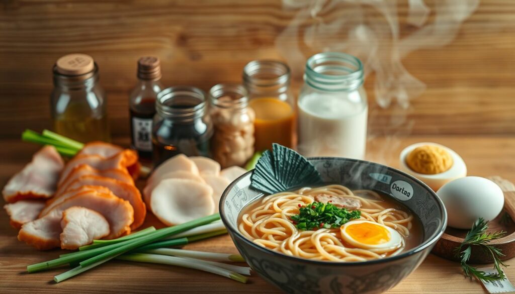 A visually arresting still life arrangement showcasing the essential ingredients for an authentic Naruto ramen dish. In the foreground, a steaming bowl of ramen noodles is surrounded by an assortment of carefully placed elements: slices of tender chashu pork, bright-white narutomaki fish cakes, fresh scallions, and a hard-boiled egg with a perfectly runny yolk. The middle ground features glass jars filled with seasoning essentials like soy sauce, mirin, and dashi. In the background, a wooden surface with natural textures creates a warm, rustic ambiance, evocative of a traditional Japanese kitchen. The lighting is soft and diffused, casting gentle shadows that add depth and dimension to the scene. Shot with a shallow depth of field, the focus draws the viewer's attention to the luscious, mouthwatering ramen ingredients.