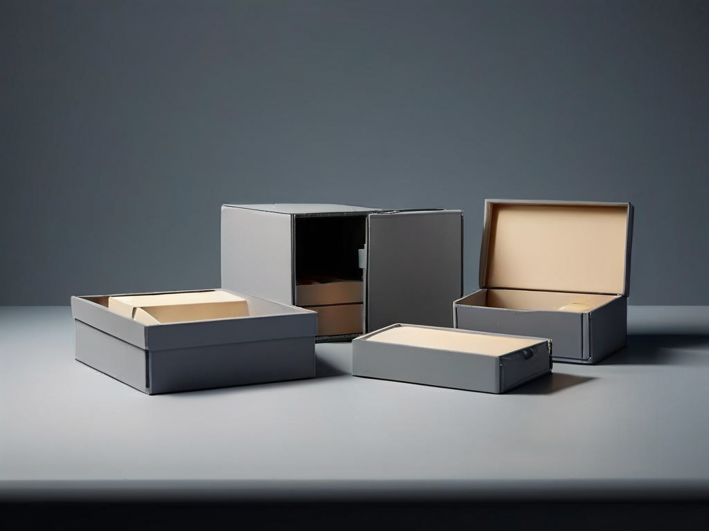Small archive boxes and blank compartment inserts on a matte gray surface, representing practical information grouping.