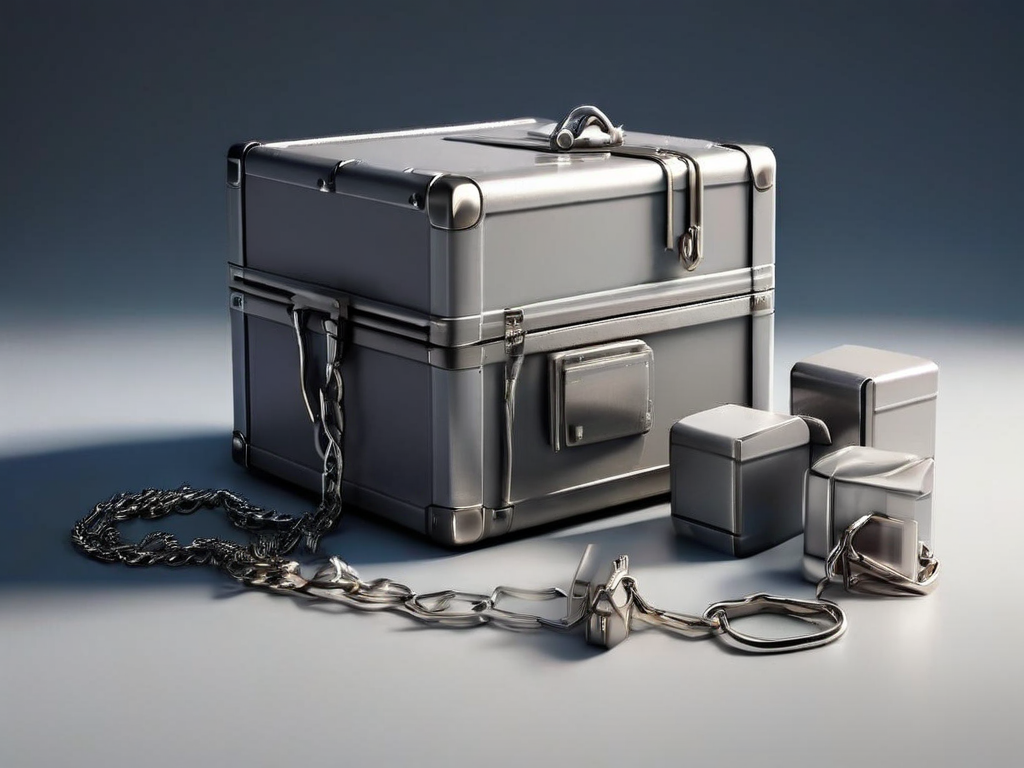 A sealed storage case and short metal chain beside small blocks representing file locations on a matte gray surface.