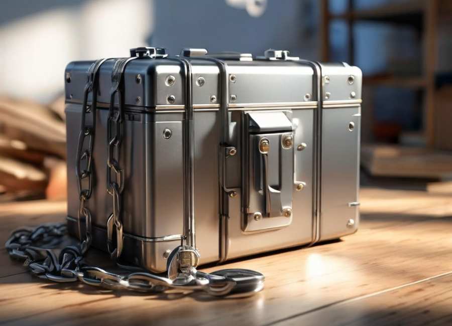 Small metal chain securing a blank sealed case beside two small blocks on brushed steel, morning light.