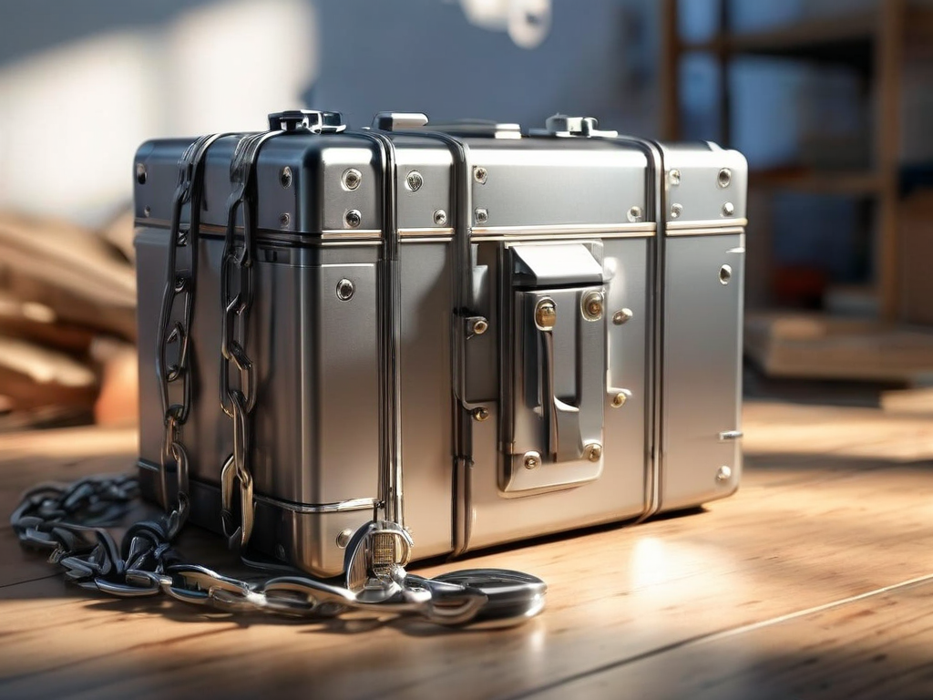 Small metal chain securing a blank sealed case beside two small blocks on brushed steel, morning light.