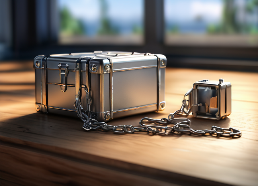 A sealed metal storage case linked by a short chain to small blocks representing file locations on a brushed metal surface in...