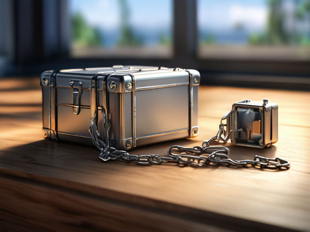 A sealed metal storage case linked by a short chain to small blocks representing file locations on a brushed metal surface.