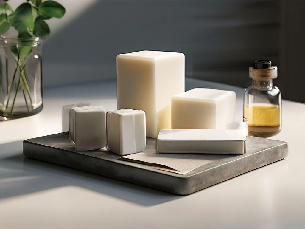 Stacked translucent storage blocks and a white checkmark card rest in a clear acrylic tray on stone, under soft studio light.
