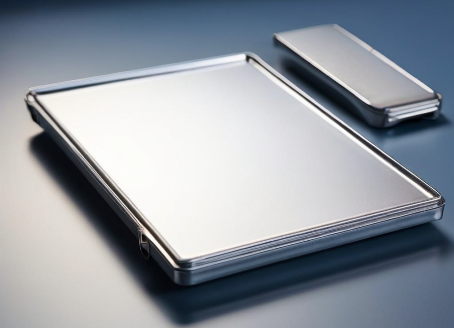 Stack of blank white divider cards beside a metal storage tray on a brushed steel surface, soft morning light, shallow depth of...