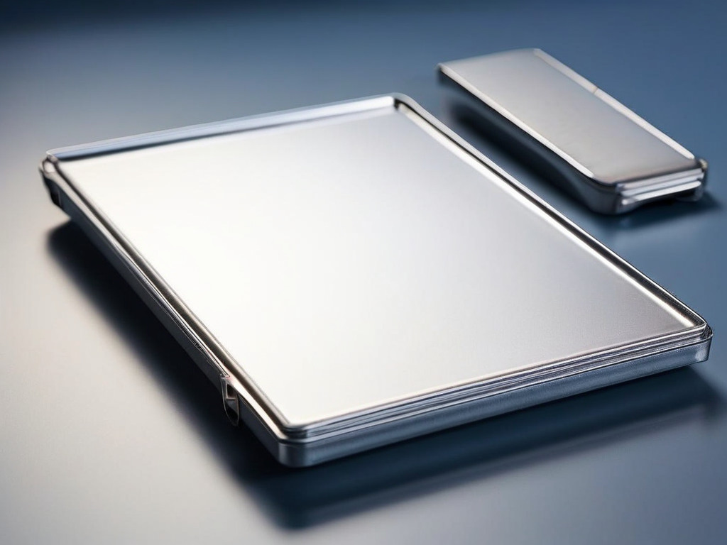 Stack of blank white divider cards beside a metal storage tray on a brushed steel surface, soft morning light.