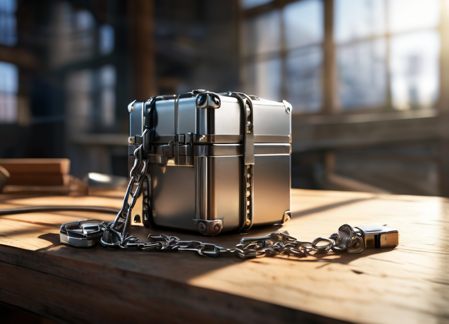 Locked storage case with attached metal chain and small location blocks on brushed metal surface, morning light, shallow depth of...