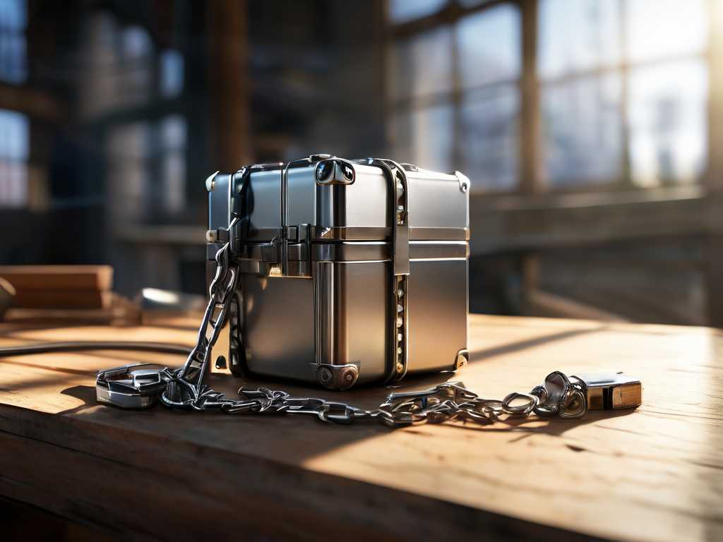 Locked storage case with attached metal chain and small location blocks on brushed metal surface, morning light, shallow depth of...