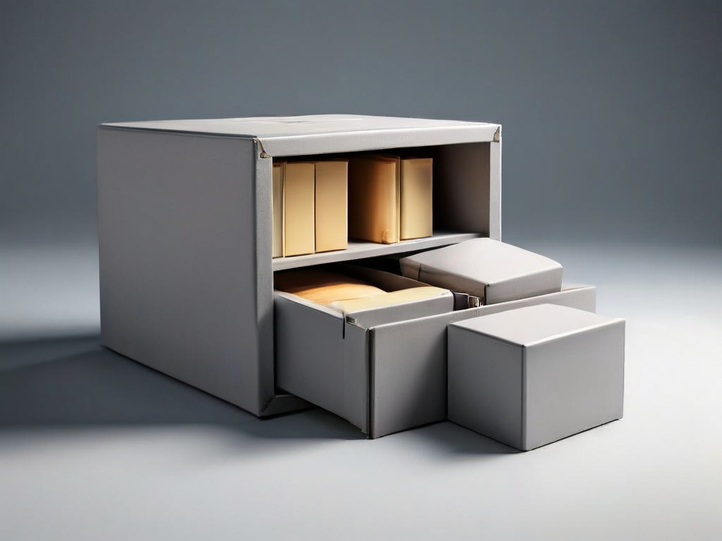 Small archive boxes and blank compartment inserts on a matte gray surface, with soft side light and clean shadows, representing.