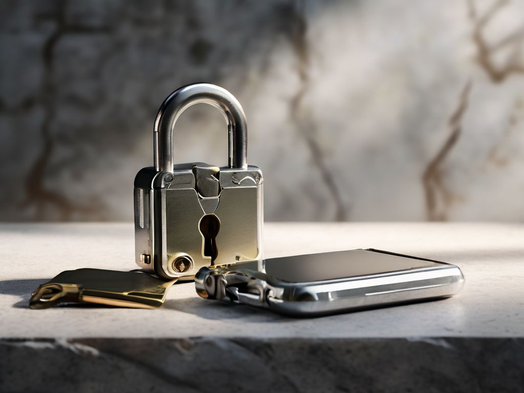 Small metal lock, closed key case, and blank security card on a stone counter, representing account safety preparation for online.