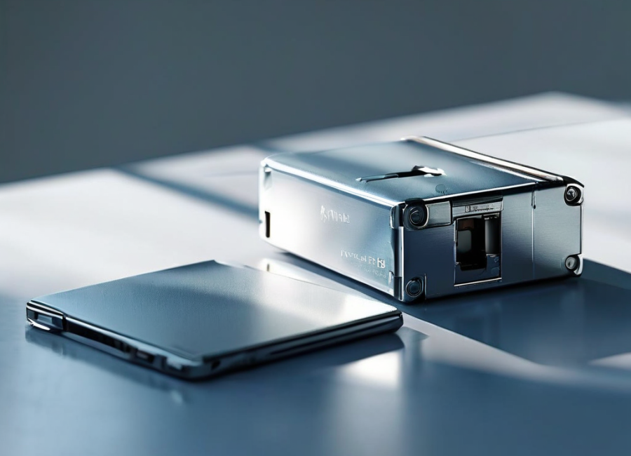 A sealed external drive, a memory card, and a blank photo sleeve on a brushed metal surface under angled morning light.