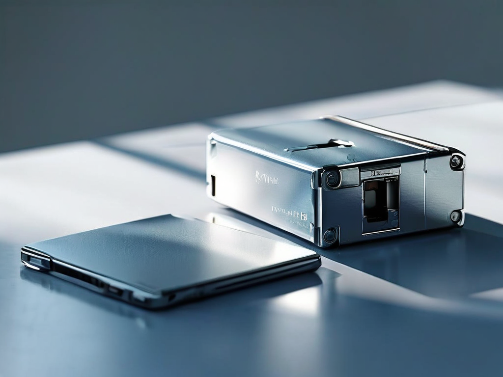 A sealed external drive, a memory card, and a blank photo sleeve on a brushed metal surface under angled morning light.