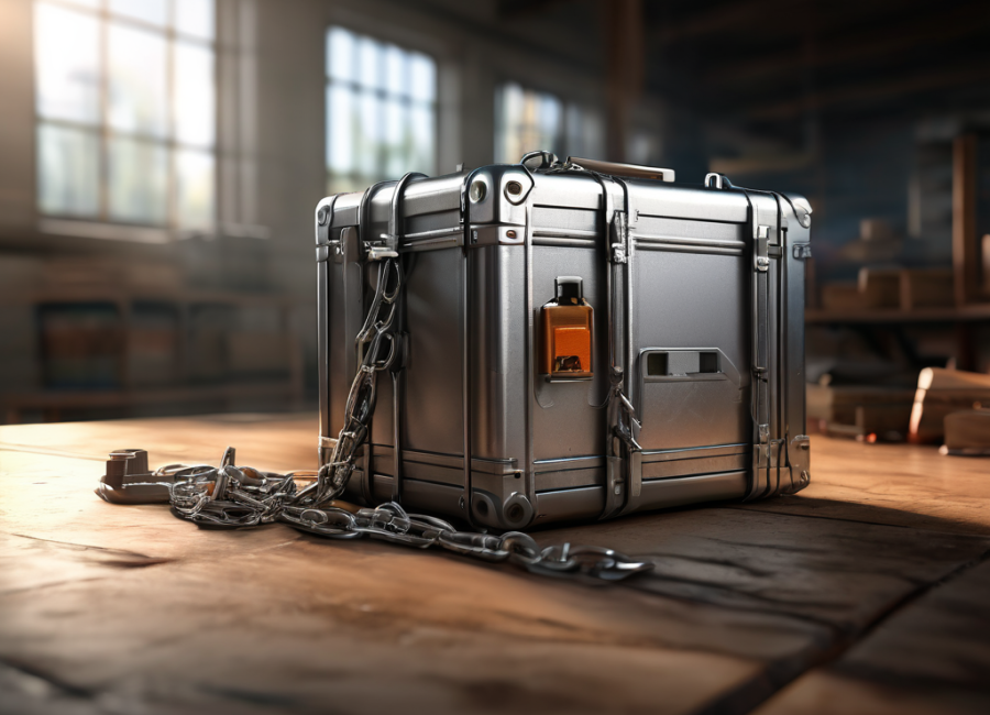 Brushed metal surface with a sealed storage case, short chain, and small blocks symbolizing connected file locations.