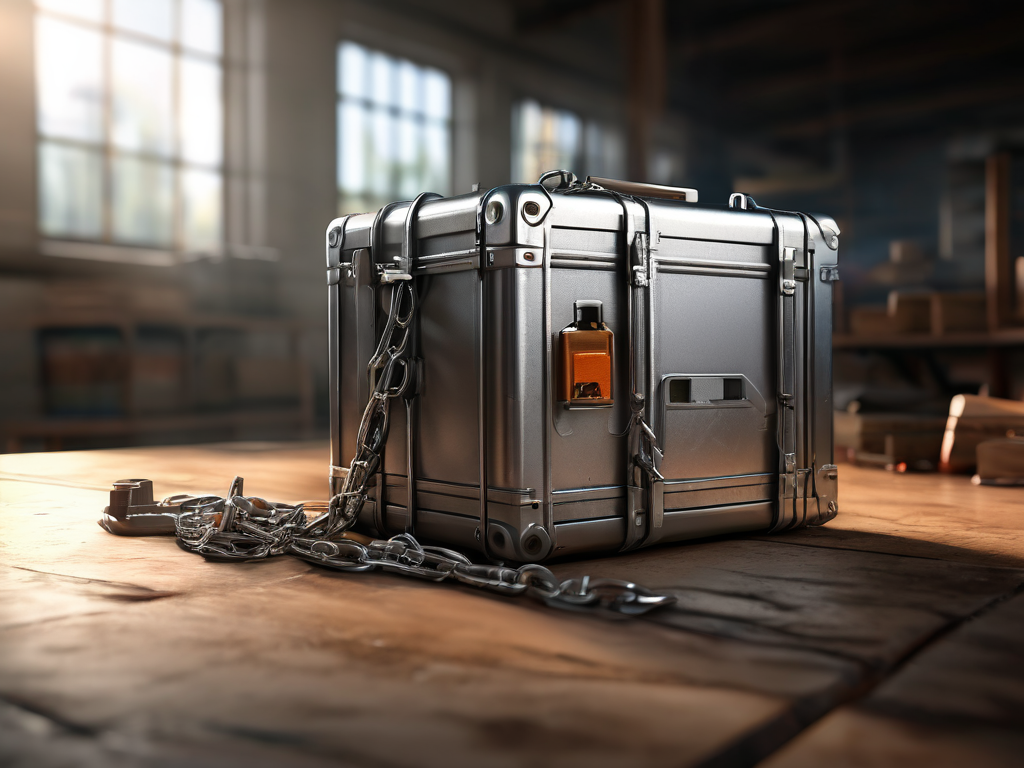 Brushed metal surface with a sealed storage case, short chain, and small blocks symbolizing connected file locations.