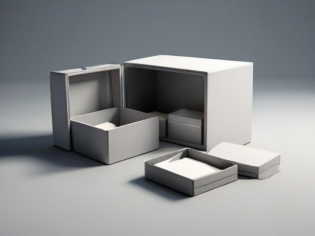 Gray archive boxes and blank compartment inserts on a studio surface, representing information grouping.
