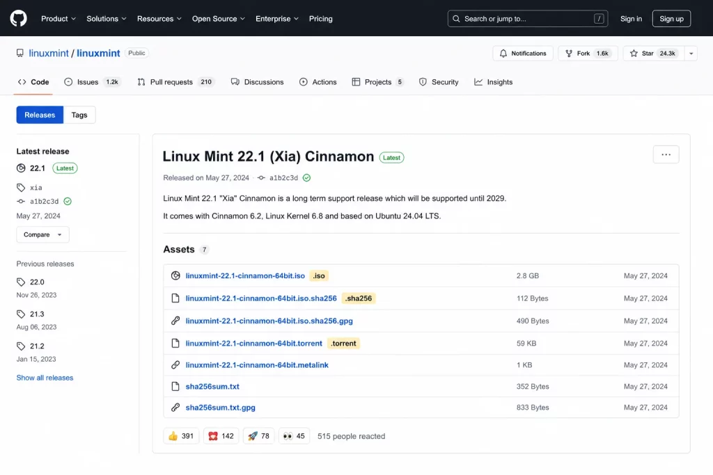 GitHub Releases interface displaying asset files including ISO and official torrent files.