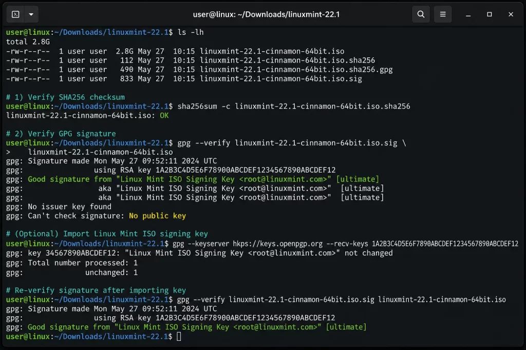 Verifying SHA-256 checksum and GPG digital signature of a torrent file in terminal.