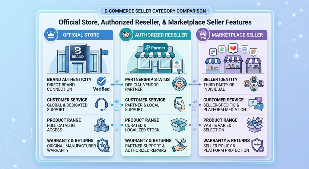 Comparison chart of Official Store, Authorized Reseller, and Marketplace Seller characteristics.