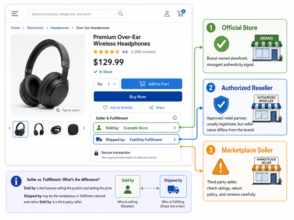 Distinguishing Sold by and Shipped by labels on a product detail page.