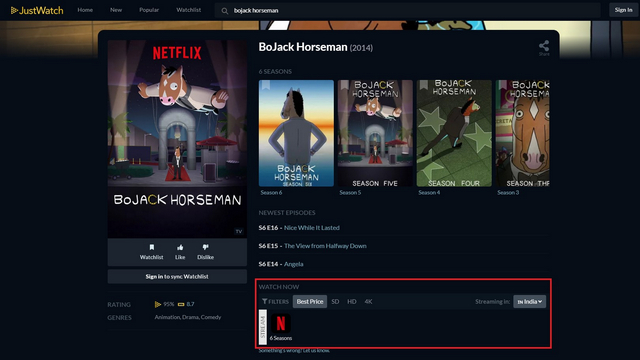 Streaming guide displaying separate subscription, rental, purchase, and free-with-ads options for a movie in a selected country.