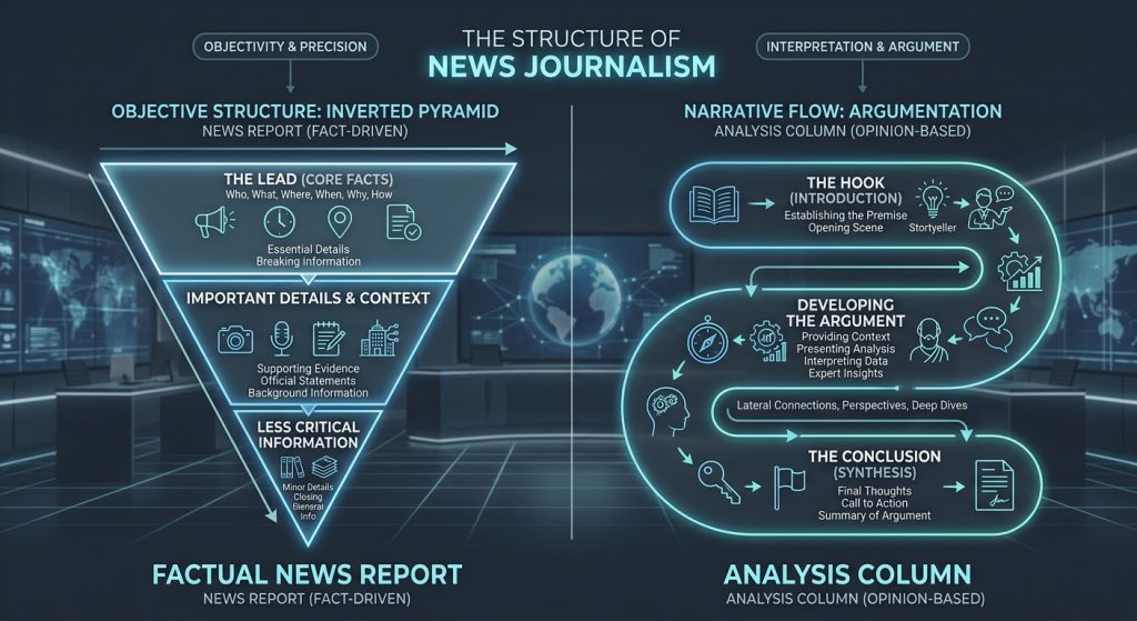 Diagram comparing the evidence-led structure of a news report with the interpretive structure of an analysis column.